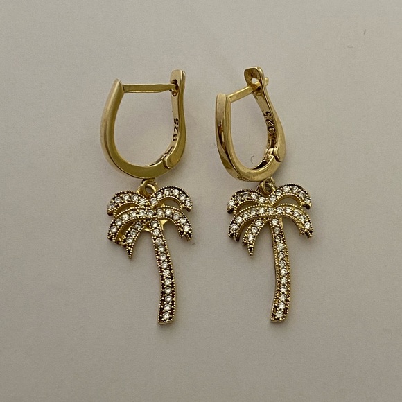 🌴925 Silver palm tree cz dangling hoop earrings 18k yellow gold plated
